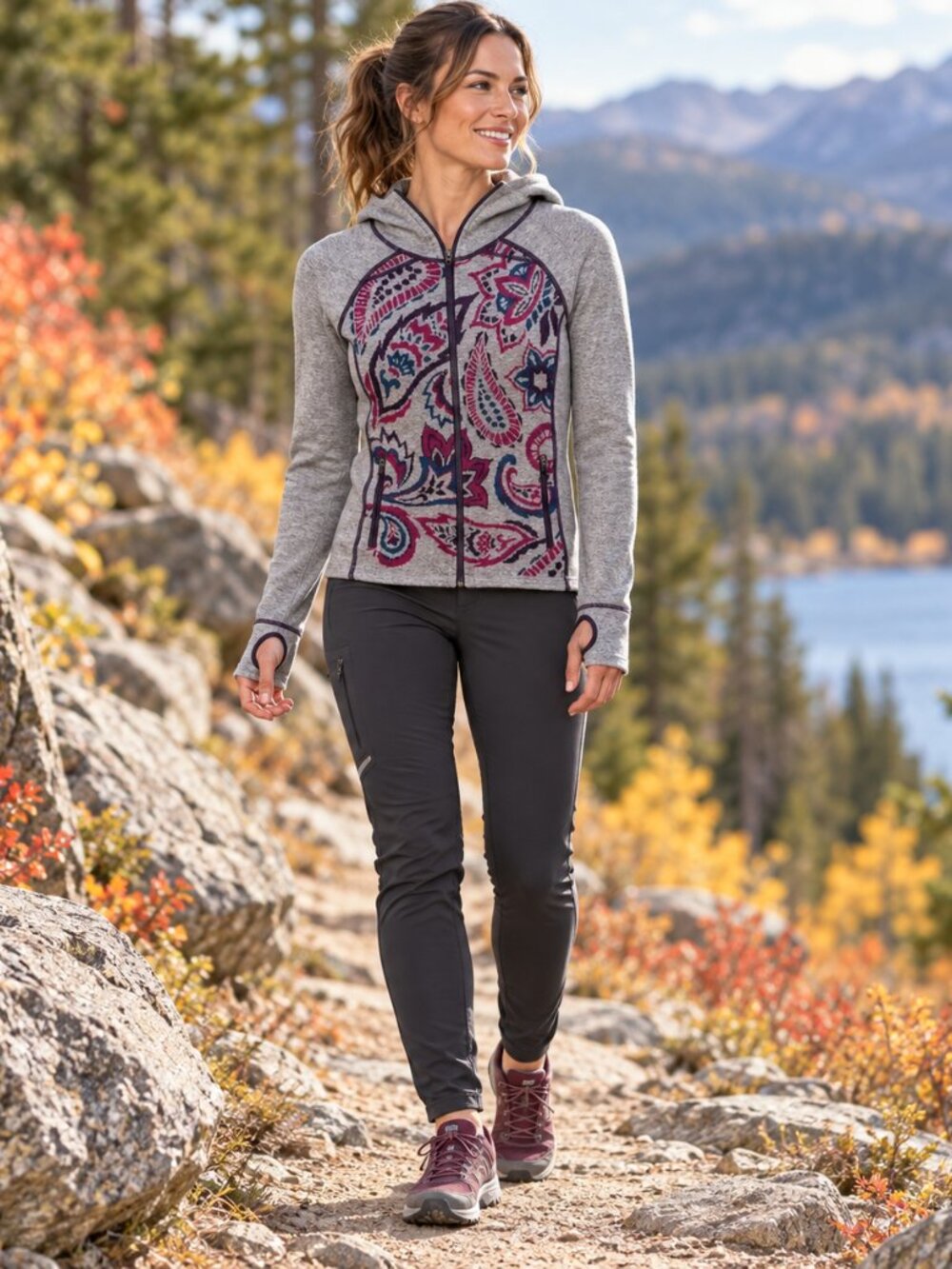 Title Nine Merino Wool Paisley Full Zip Hoodie Women XS Thumbholes Gray Purple